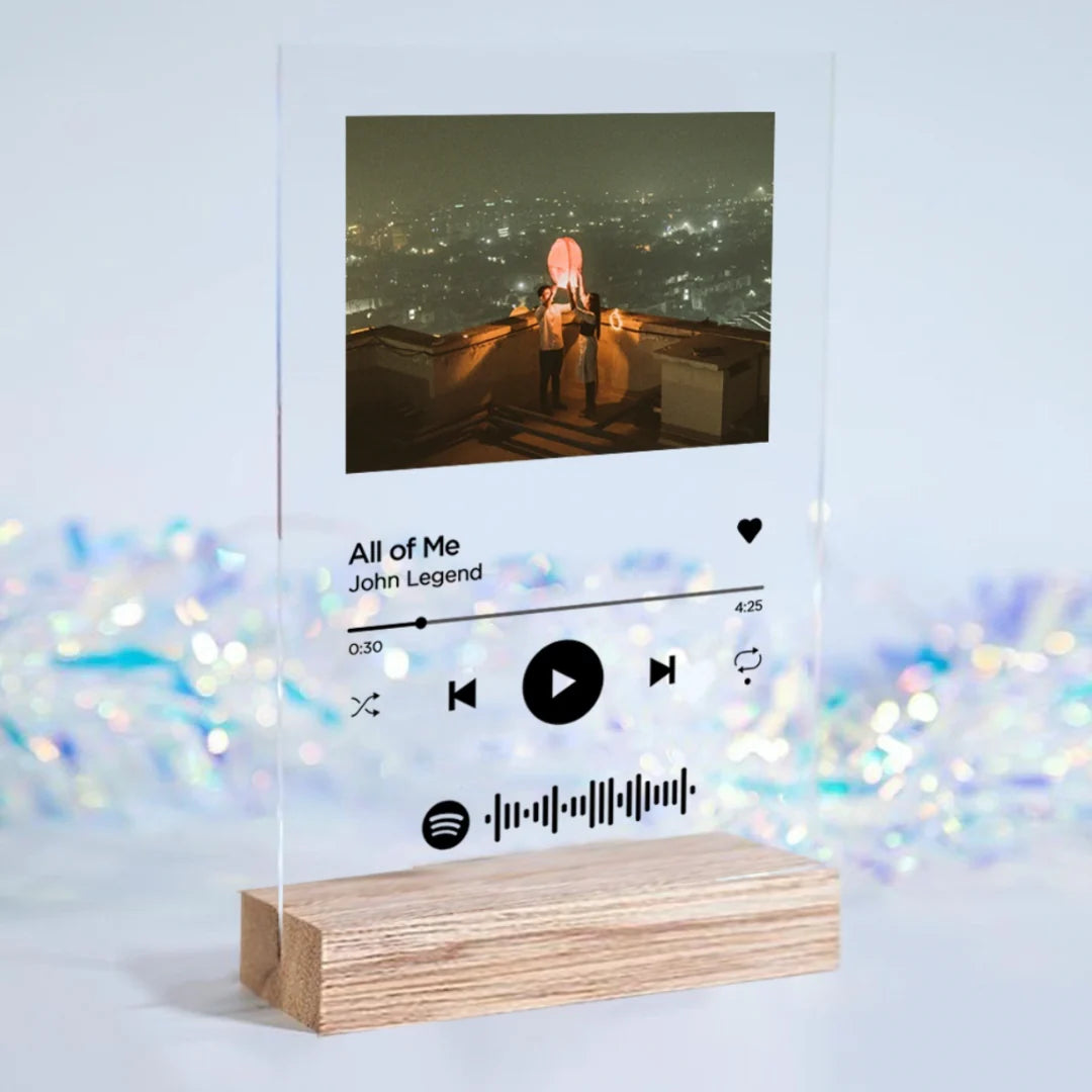 customized photo and song glass spotify plaque with wooden stand | personalized photo music frame with scannable code