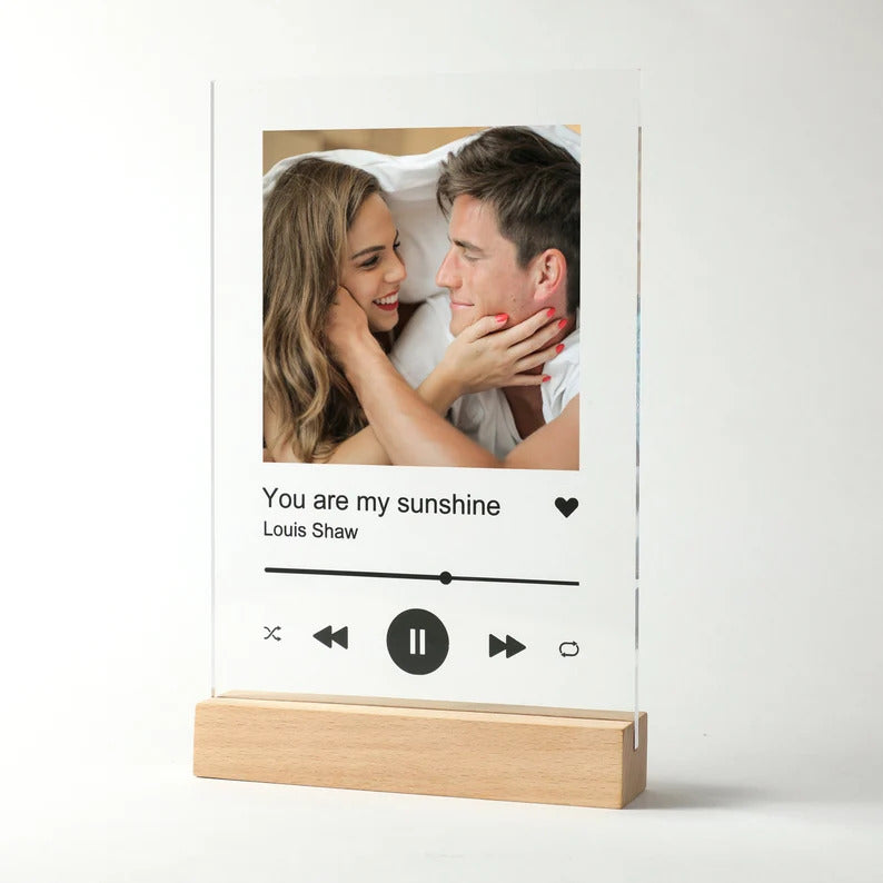 customized photo glass song plaque with wooden stand | personalized photo music frame with message